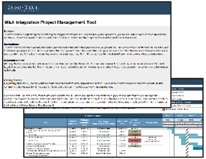 Screenshots of the 'M and A Integration Project Management Tool (Excel)' deliverable.