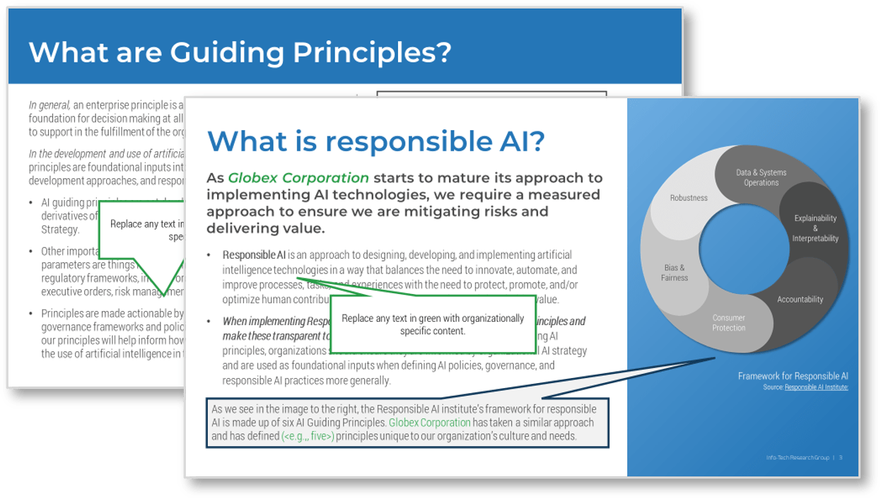 Sample of the 'What are Guiding Principles?' and 'What is responsible AI?' sections of the 'Responsible AI Guiding Principles' template.