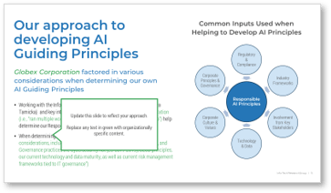 Sample of the 'Our approach to developing AI Guiding Principles' sections of the 'Responsible AI Guiding Principles' template.
