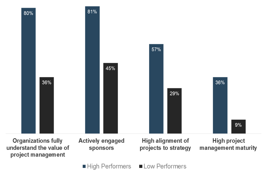 A double bar graph is shown to compare low and high performances that occurred in companies using project management discipline.