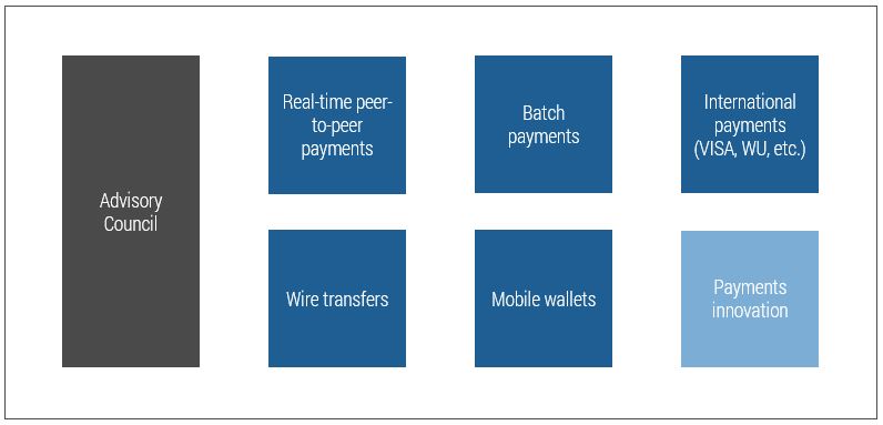 A diagram showing Advisory Council in a large grey box on the left. To the right are smaller dark blue boxes labeled 'Real-time peer-to-peer payments,' Wire transfers,' 'Batch payments,' 'Mobile wallets,' and 'International payments (VISA, WU, etc.),' and one light blue box labeled 'Payments innovation.'