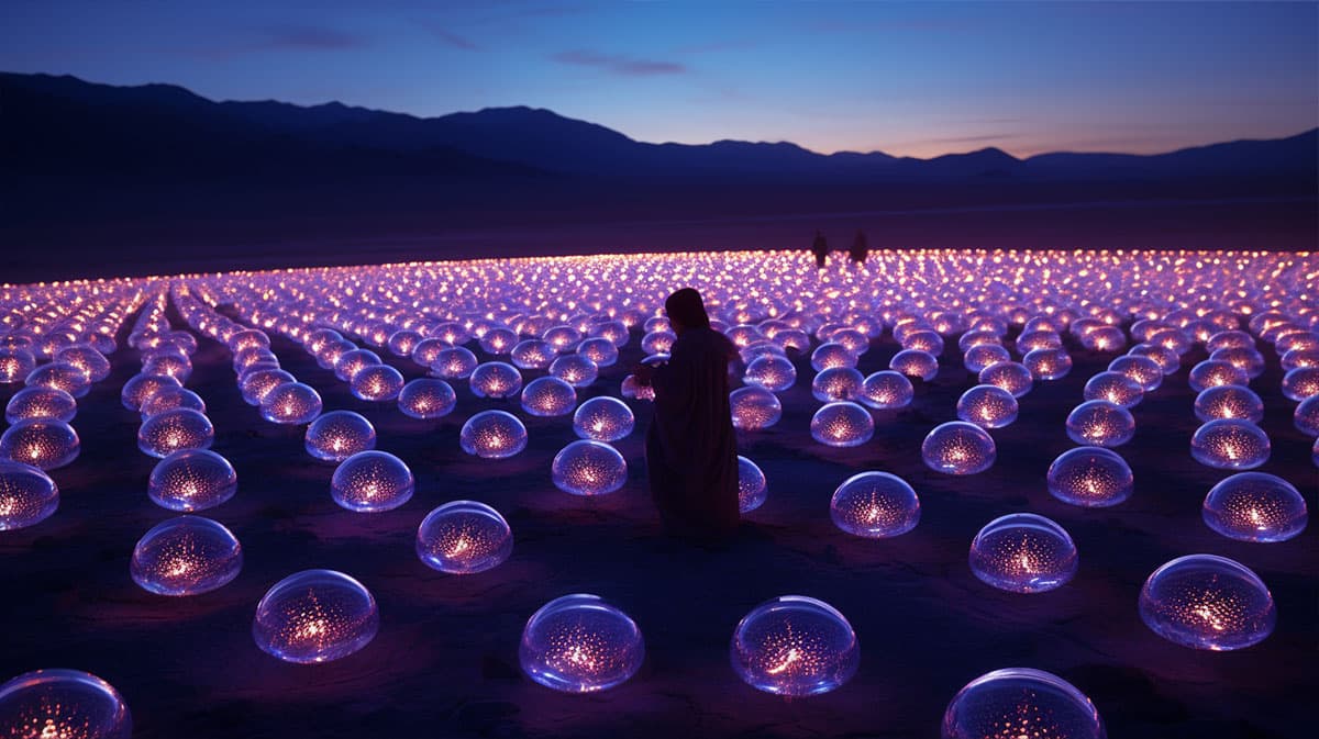 AI generated image from the prompt: A cinematic scene from a fantasy movie called Legend of the 7 Rings. This extreme long shot captures a network of floating metal orbs with a force field around them in the desert, technicolor --c 25 --s 250 --ar 16:9