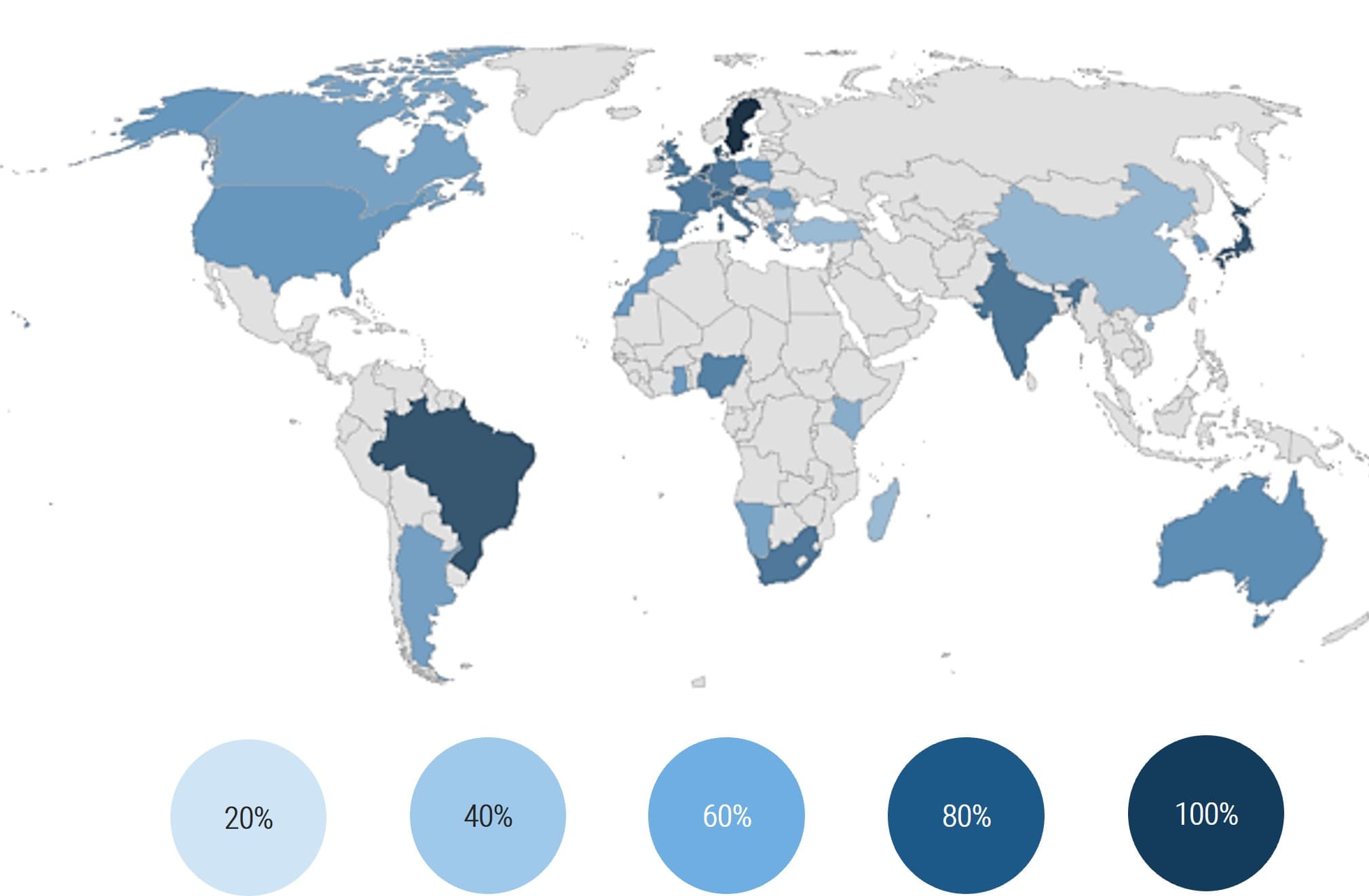 The image contains a picture of the world map that has certain areas of the map highlighted in various shades of blue based on higher security-related business risks.