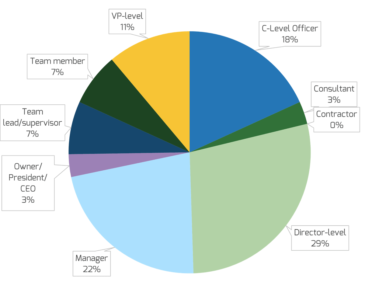 Bar chart measuring percentage of survey respondents by title. The top four answers are 'Director-level, 29%', 'Manager, 22%', 'C-Level Officer, 18%', and 'VP-level, 11%.'