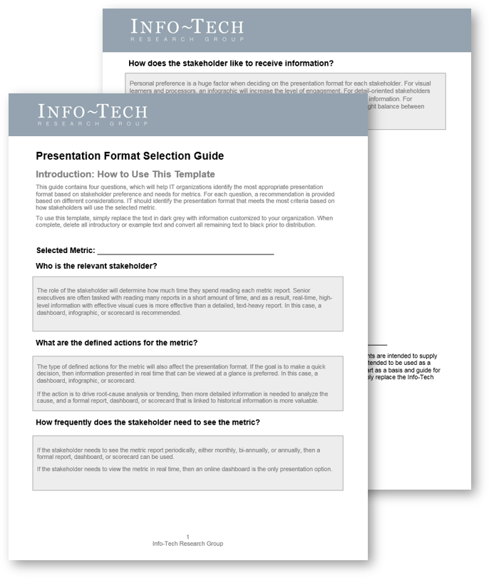 Sample of Phase 2 of Info-Tech's service metric development package, 'Develop and Validate Reporting'.