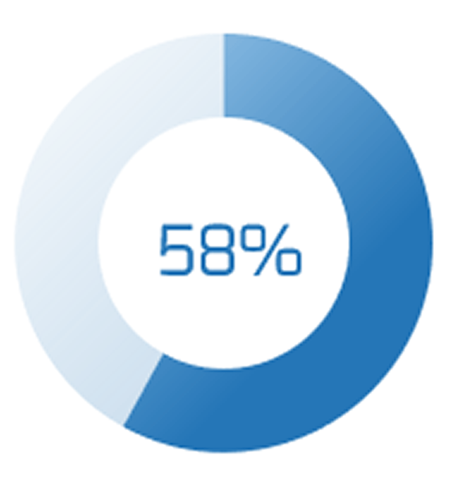 Image is a circle graph and 58% of it is coloured with the number 58% in the middle of the graph